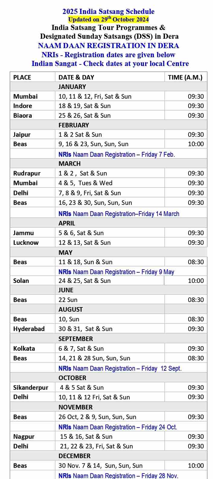 RSSB Satsang Schedule 2025