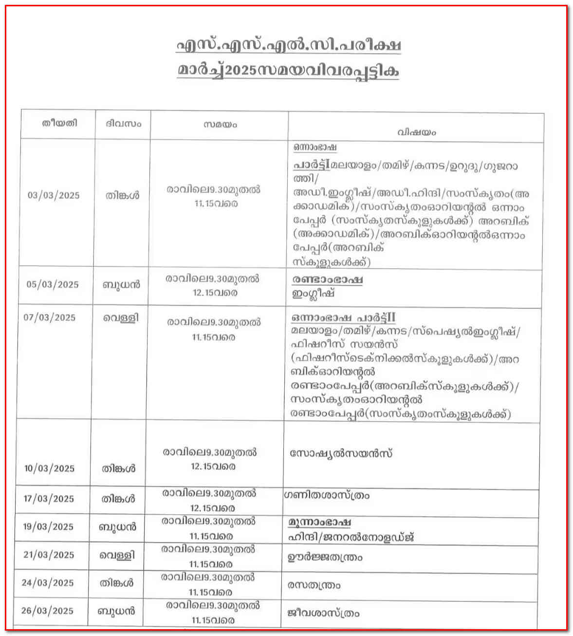 SSLC Time Table 2025