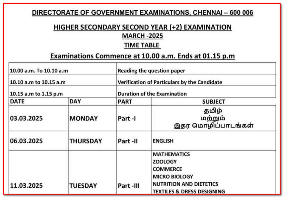 12th Public Exam Time Table 2025