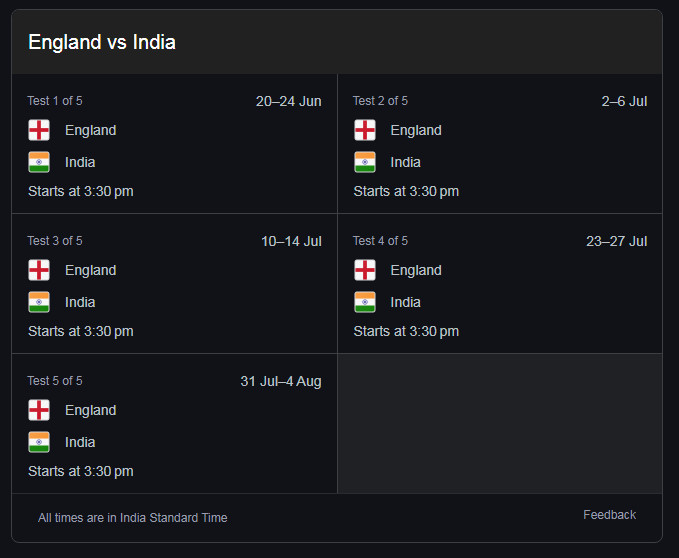 India Vs England Schedule 2025